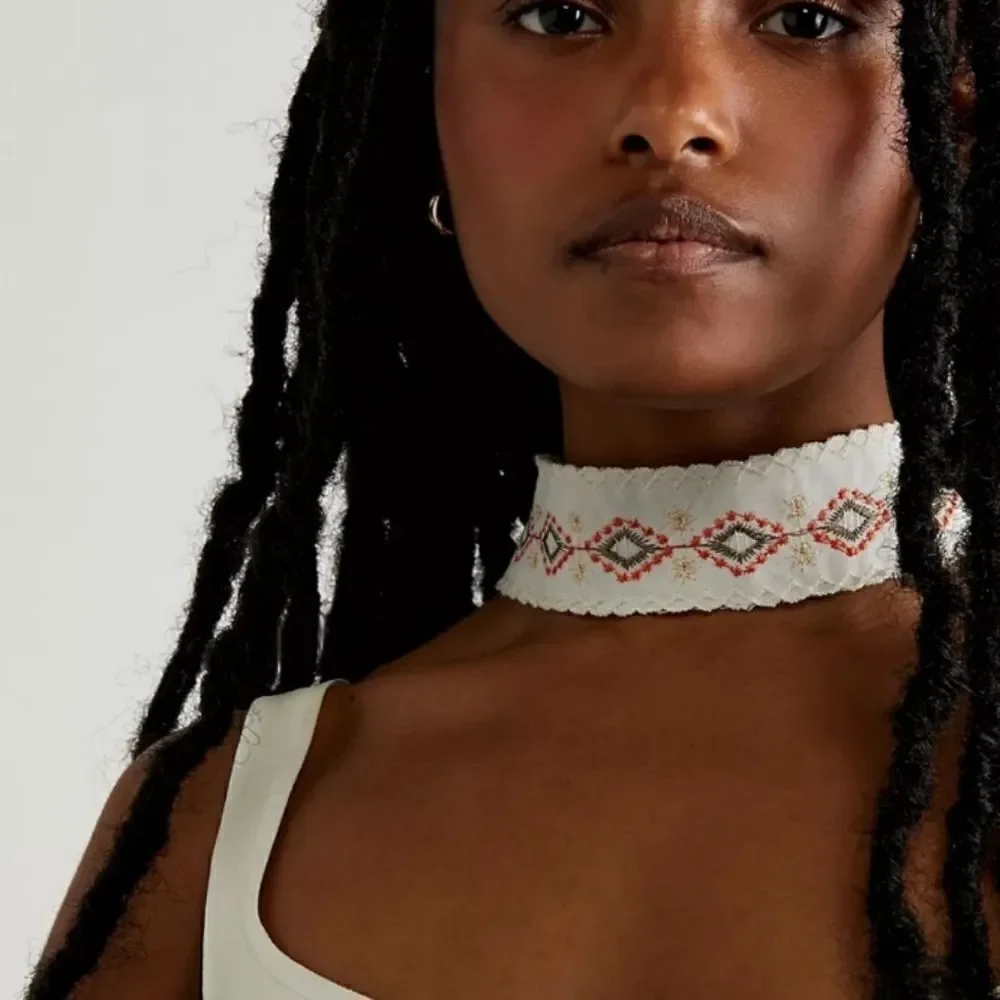 Free People White Embroiderered In My feeling Choker Boho Western Neckla…